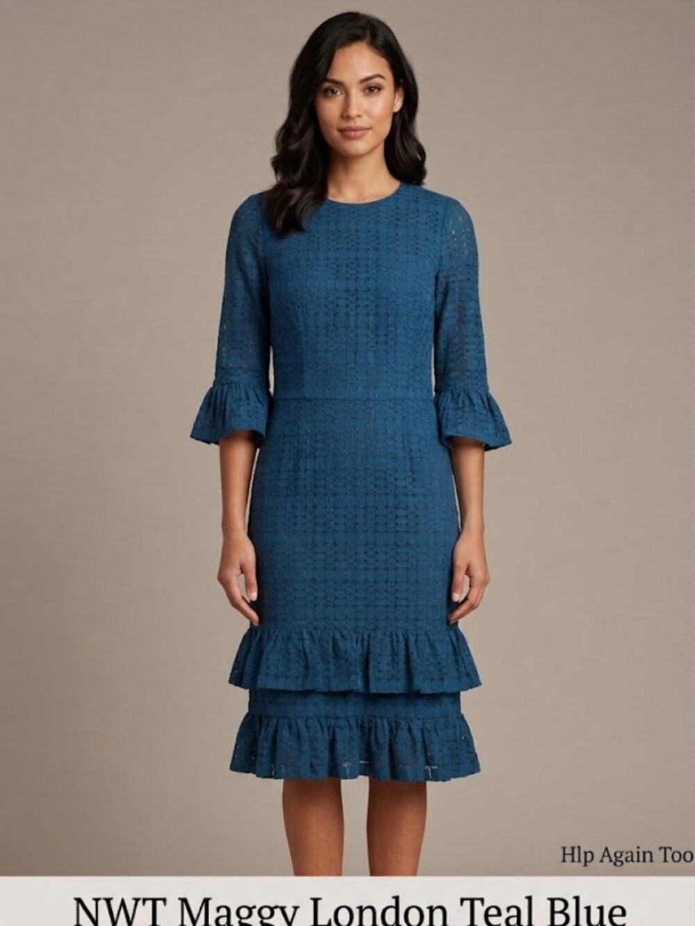 NWT Maggy London Teal Blue Lace Dress Size 10 Bell Sleeves Tiered Ruffle Hem